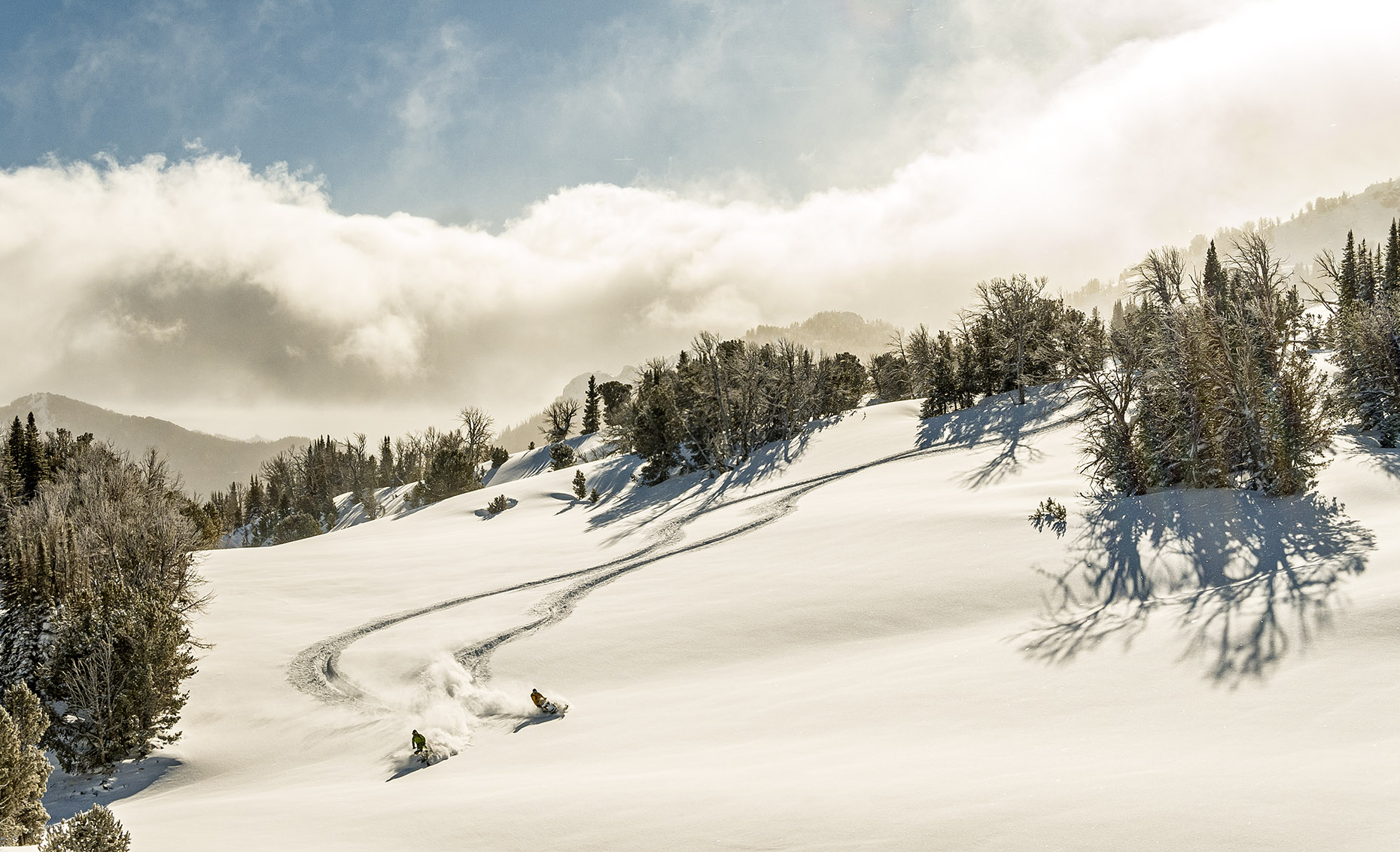 DAP sport snowmobile aerial drone Montana powder 